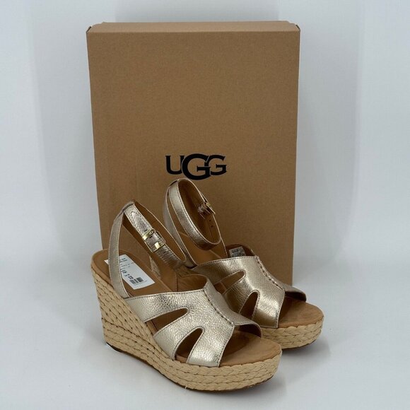 UGG Shoes - UGG Women's Careena Wedge Espadrille Sandals size 8.5 Gold Pigment Ankle Strap